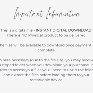 Puede incluir: Fondo blanco con el texto "Important Information" en fuente cursiva. El texto explica que se trata de un archivo digital, una descarga digital instant&aacute;nea, y que no se entregar&aacute; ning&uacute;n producto f&iacute;sico. Tambi&eacute;n se incluyen instrucciones para descargar y acceder a los archivos.