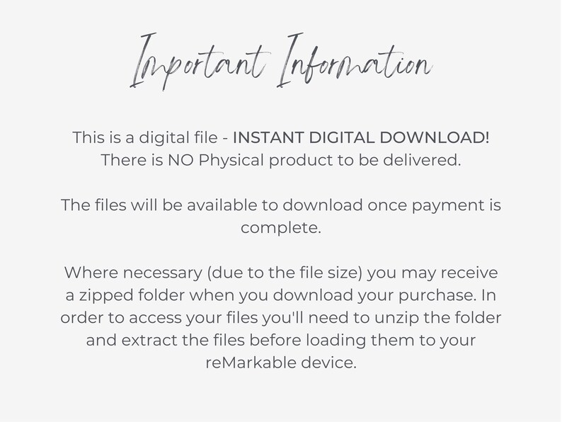 Puede incluir: Fondo blanco con el texto "Important Information" en fuente cursiva. El texto explica que se trata de un archivo digital, una descarga digital instant&aacute;nea, y que no se entregar&aacute; ning&uacute;n producto f&iacute;sico. Tambi&eacute;n se incluyen instrucciones para descargar y acceder a los archivos.