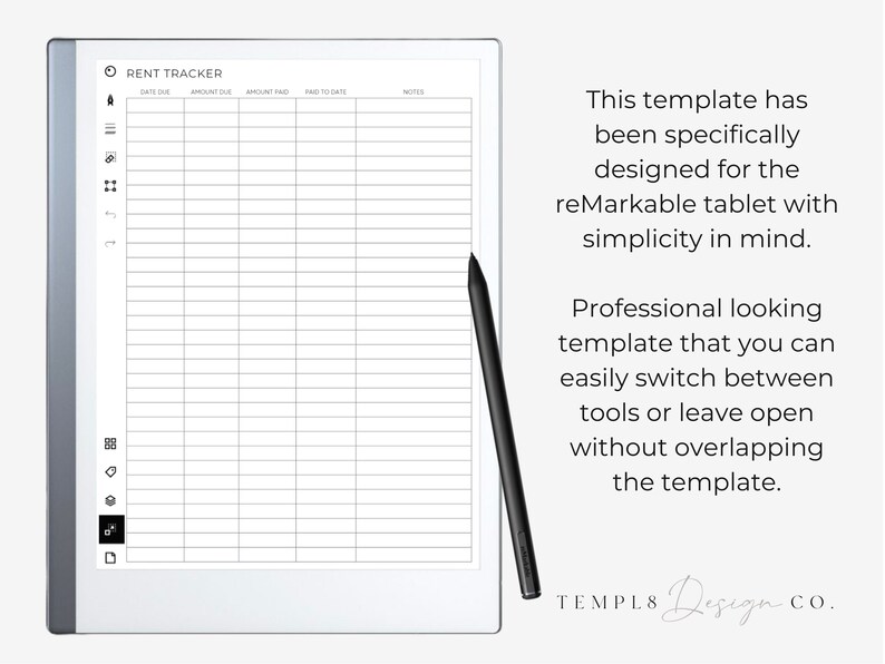 Puede incluir: Una plantilla digital de seguimiento de alquileres para la tableta reMarkable. La plantilla presenta un dise&ntilde;o de cuadr&iacute;cula con columnas para la fecha de vencimiento, el importe adeudado, el importe pagado y las notas. Un l&aacute;piz &oacute;ptico negro descansa sobre el lateral de la tableta. El texto de la imagen dice "RENT TRACKER".