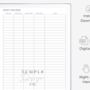 Puede incluir: Una plantilla digital de seguimiento de alquileres con un dise&ntilde;o de cuadr&iacute;cula para rastrear los pagos de alquiler. La plantilla incluye campos para la fecha de vencimiento, el importe adeudado, el importe pagado y las notas. El dise&ntilde;o incluye el texto "RENT TRACKER" y "TEMPL8 Design CO."
