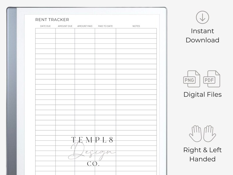 Puede incluir: Una plantilla digital de seguimiento de alquileres con un dise&ntilde;o de cuadr&iacute;cula para rastrear los pagos de alquiler. La plantilla incluye campos para la fecha de vencimiento, el importe adeudado, el importe pagado y las notas. El dise&ntilde;o incluye el texto "RENT TRACKER" y "TEMPL8 Design CO."