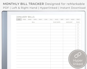 Monthly Bill Tracker | reMarkable Template | Hyperlinked | Left & Right Hand | PDF | Instant Download