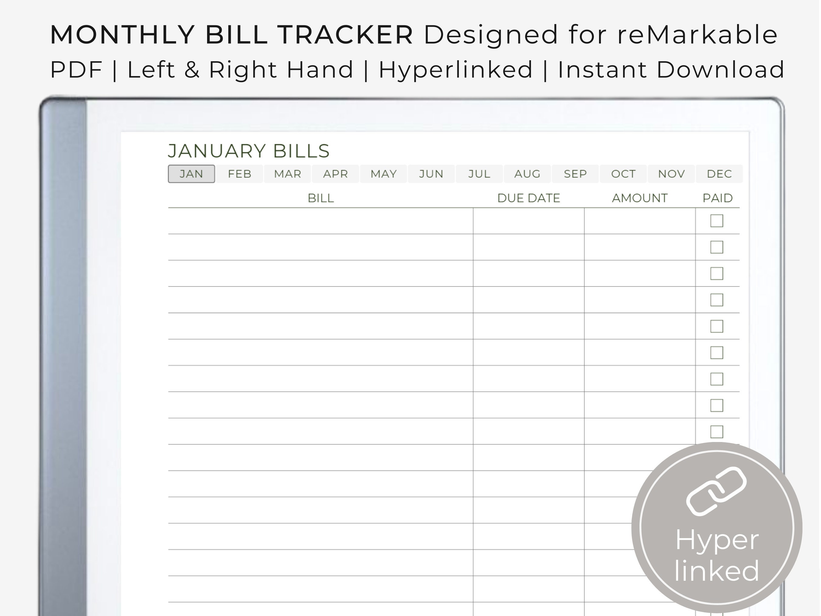 Monthly Bill Tracker Remarkable Template Hyperlinked Left & Right Hand