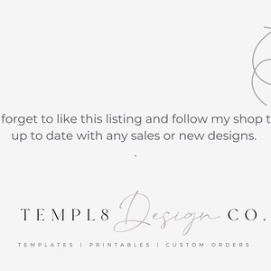 Puede incluir: Fondo claro con el texto "No olvides darle a me gusta a este anuncio y seguir mi tienda para estar al d&iacute;a de las ventas o nuevos dise&ntilde;os." Tambi&eacute;n es visible el logotipo de Templ8 Design Co., con las palabras "Templates | Printables | Custom Orders" debajo.
