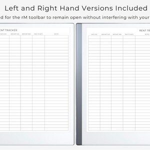 Puede incluir: Se muestran dos plantillas de planificador digital etiquetadas como "RENT TRACKER" una al lado de la otra. Las plantillas est&aacute;n dise&ntilde;adas para usuarios diestros y zurdos. El texto "Left and Right Hand Versions Included" y "Designed for the rM toolbar to remain open without interfering with your writing" es visible.