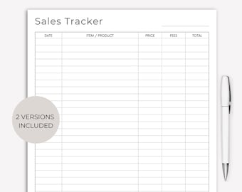 May include: A printable sales tracker with columns for date, item or product, price, fees, and total. The tracker is designed for recording sales and income.