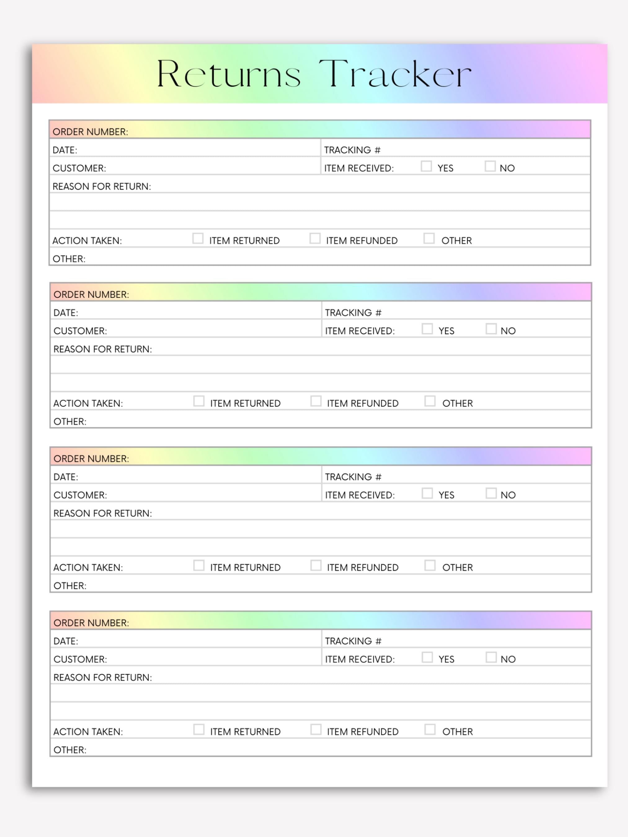 Order Returns Tracker | Printable Return Sheet (PDF Download) - Etsy