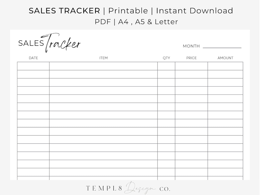 Sales Tracker Printable Instant Digital Download Minimalist - Etsy