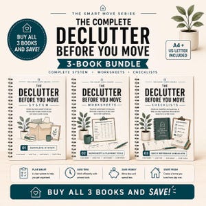 May include: A 3-book bundle titled The Complete Declutter Before You Move, featuring spiral-bound books labeled System, Worksheets, and Checklists. The covers are cream-colored with black text and illustrations of plants, boxes, and office supplies.