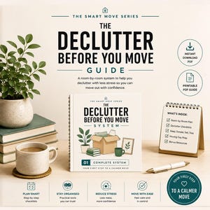 May include: A digital guide titled The Declutter Before You Move Guide, featuring a spiral-bound book, a desk calendar with a checklist, a pen, a potted plant, and books. The text includes The Smart Move Series, Complete System, and various organisational prompts.