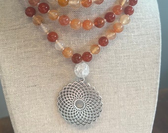 108 hand knotted Red Agate, white jade, red vein agate, crystal quartz MALA