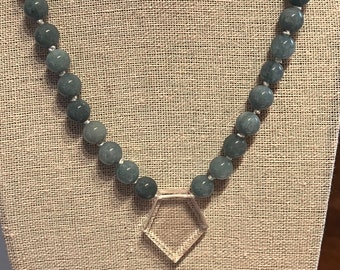 Chalcedony Beaded Necklace with Clear Crystal Quartz Pendant