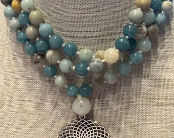 108,  8mm bead amazonite and chalcedony MALA bead necklace