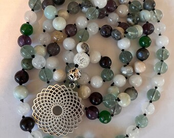 LARGE 108 Mala bead necklace!! Fluorite, White Jade and Amazonite