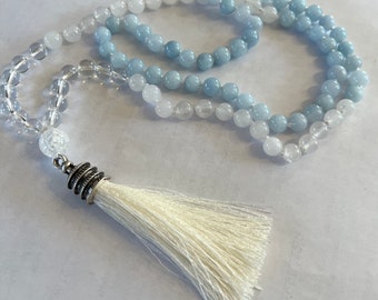 Aquamarine, White Jade, Clear Crystal Quartz Tassel Necklace