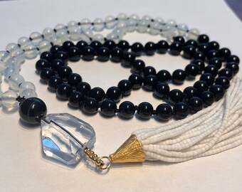 108 Bead Opal, Onyx and Clear Crystal Quartz Mala