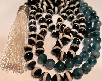 108 Bead Green Jasper, Hand painted Tibetan Agate and Black Onyx Mala