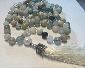 LARGE 10 mm bead Mala made with Fluorite, White Jade and Amazonite