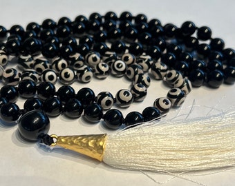 108 bead Black Onyx and Handpainted Tibetan Agate MALA