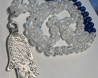 SPARKLY 108 crackle glass and Kyanite Mala necklace with a Hamsa Hand pendant