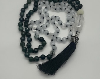 108 bead Tibetan Style Mala Moss Agate and Selenite