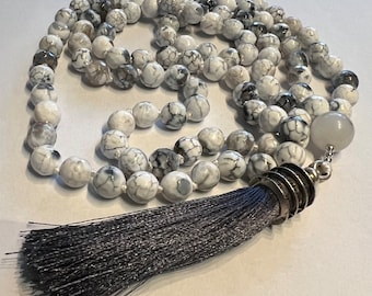 108 bead faceted Gray and White Fire Agate Mala
