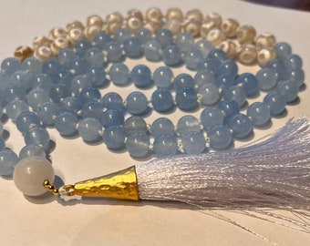 108 bead Aquamarine and hand painted Tibetan Agate Mala
