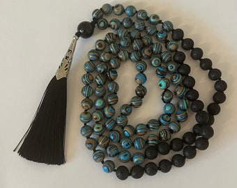 108 Bead Mala Blue Malachite and Lava