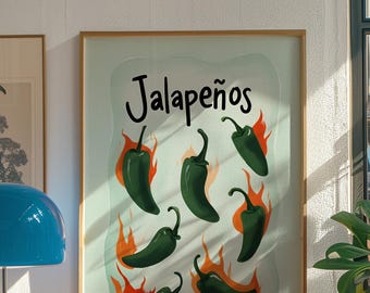 Poster pittige jalapeñopeper – keukenmuurkunst, cadeau chili liefhebbers, fysieke print, decor peper, mat, satijn en glanzend