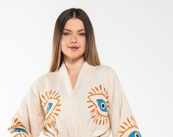 Kimono Festival Boho Evil Eye fatto a mano, Boho Beachwear, Beachwear Cover Up, Kimono etnico, Cardigan, Accappatoio, Veste mattutina, Veste spa