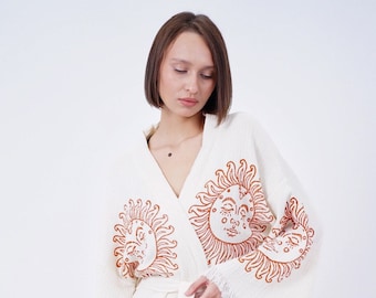 Handmade Evil Eye Kimono, Boho Festival Cotton Robe