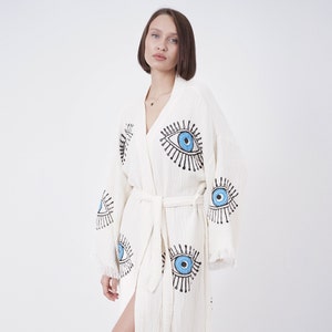 Handmade Evil Eye Kimono, Boho Organic Cotton Festival Robe