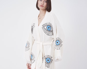 Handmade Evil Eye Kimono, Boho Organic Cotton Festival Robe