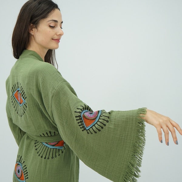 Handgefertigter Evil Eye Boho Festival Kimono grün, Boho Beachwear, Beachwear Cover Up, ethnischer Kimono, Cardigan, Bademantel, Morgenrobe, Spa-Robe