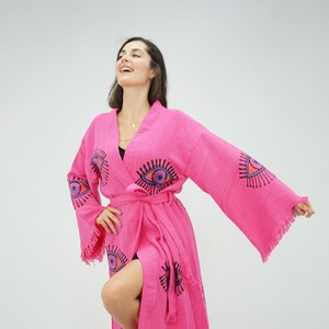 Handgemaakte Evil Eye Boho Festival Kimono Roze, Boho Beachwear, Beachwear Cover Up, Etnische Kimono, Vest, Badjas, Ochtendjas, Spa Robe Set: Robe+Towel