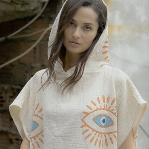 Handmade Evil Eye Poncho, Organic Cotton Poncho, Boho Beachwear, Beachwear Cover Up, Ethnic Poncho, Dressing Gown, Festival Clothing Woman