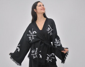Hanmade Boho Kimono Set met broek, Dikbuik Hill Patroon, Beach Boho Outfit, Zomerjurk, Kimono Jurken One Size, Evil Eye Robe