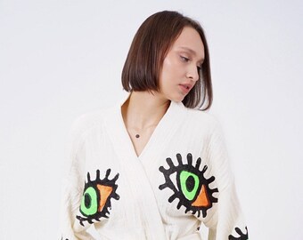 Handmade Evil Eye Kimono, Organic Cotton Boho Beach Cover-Up