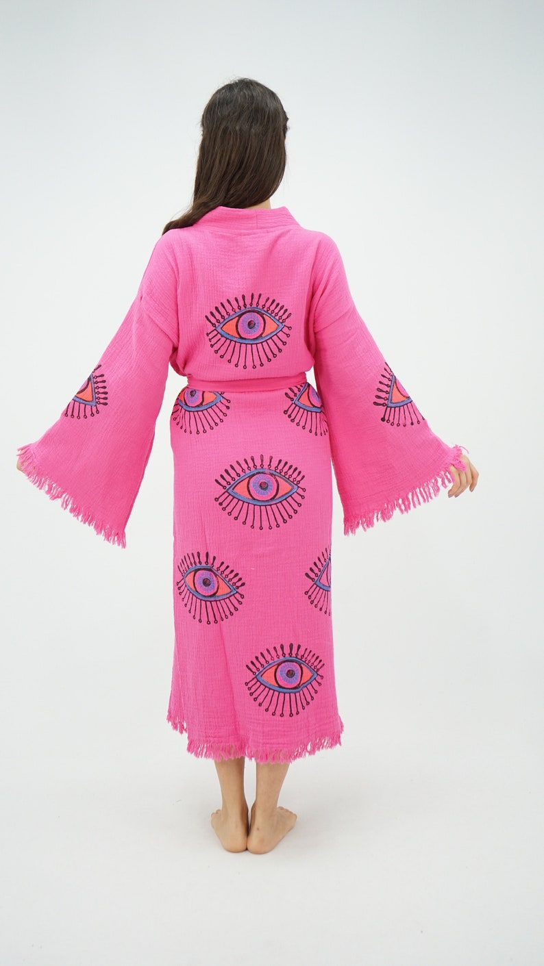 Handgemaakte Evil Eye Boho Festival Kimono Roze, Boho Beachwear, Beachwear Cover Up, Etnische Kimono, Vest, Badjas, Ochtendjas, Spa Robe afbeelding 4