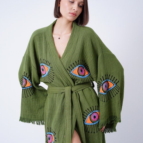Peignoir kimono Evil Eye fait main, couvre-chef bohème vert en coton bio