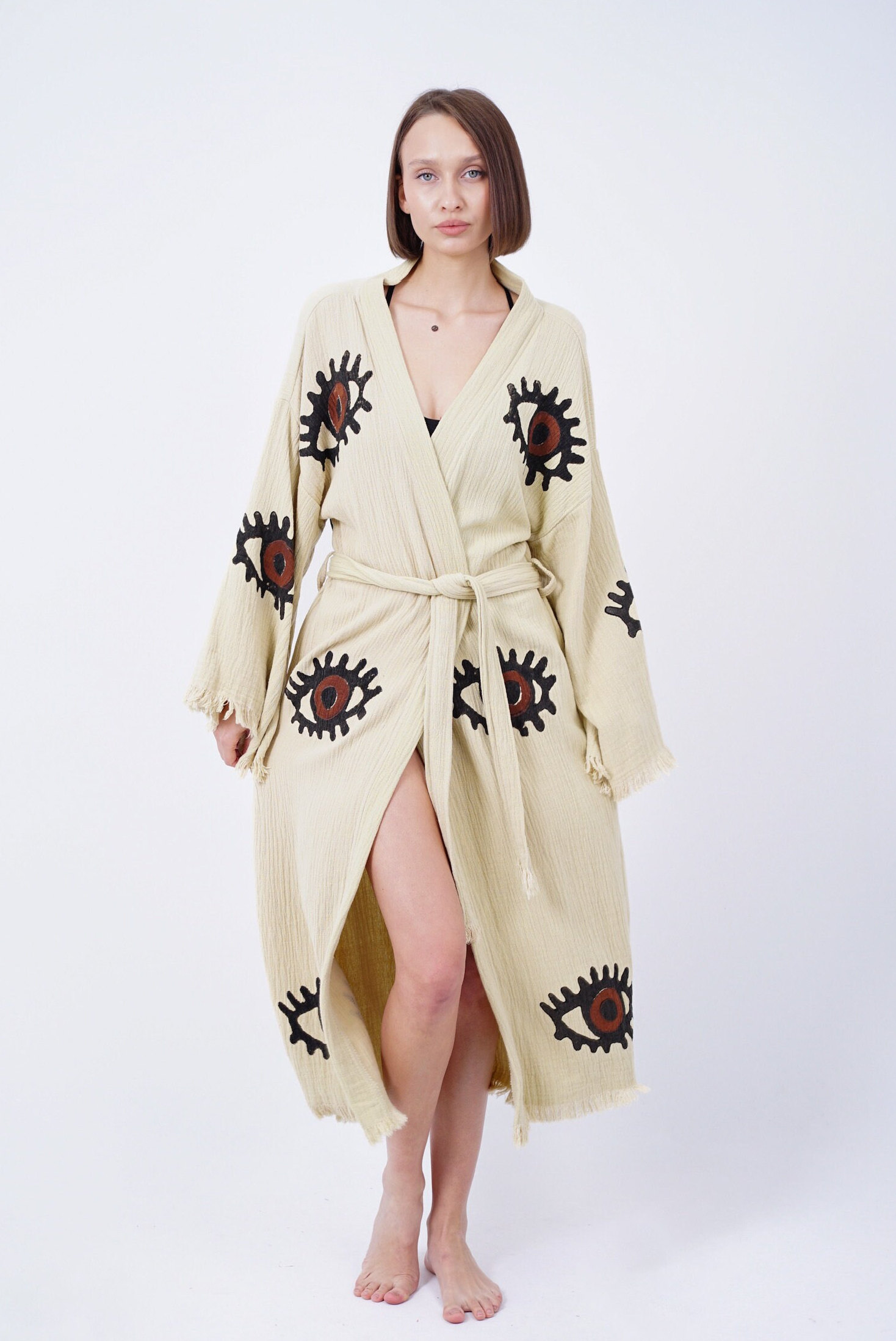 Pink Evil Eye Kimono Robe For Women - Boho Kimono Cardigan, Organic Cotton Turki