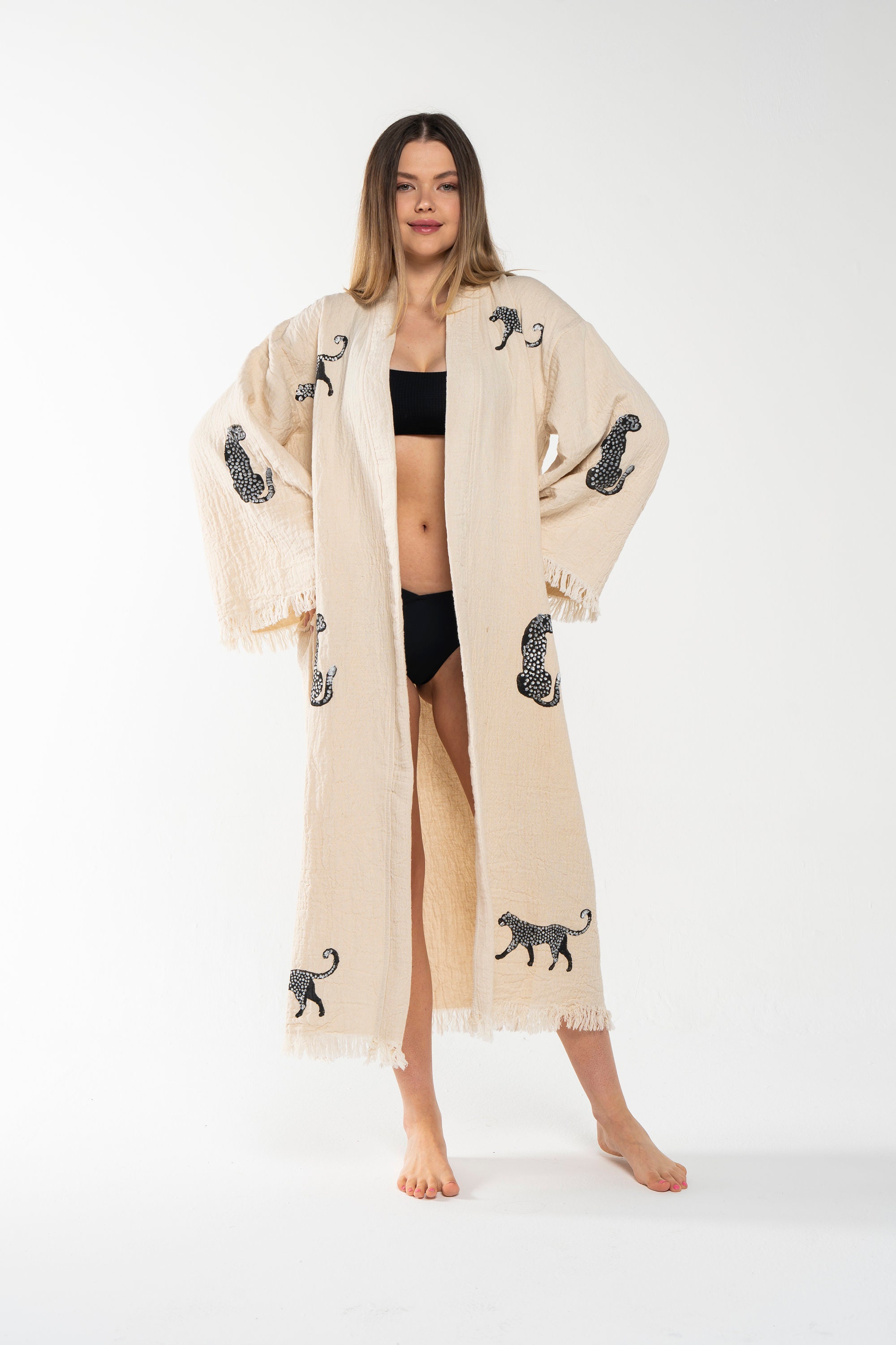 Pink Evil Eye Cotton Bathrobe – Boho Protective Kimono Robe