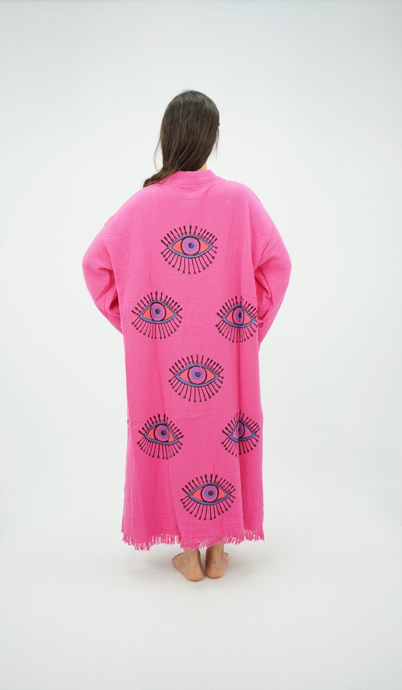 Handgemaakte Evil Eye Boho Festival Kimono Roze, Boho Beachwear, Beachwear Cover Up, Etnische Kimono, Vest, Badjas, Ochtendjas, Spa Robe afbeelding 6