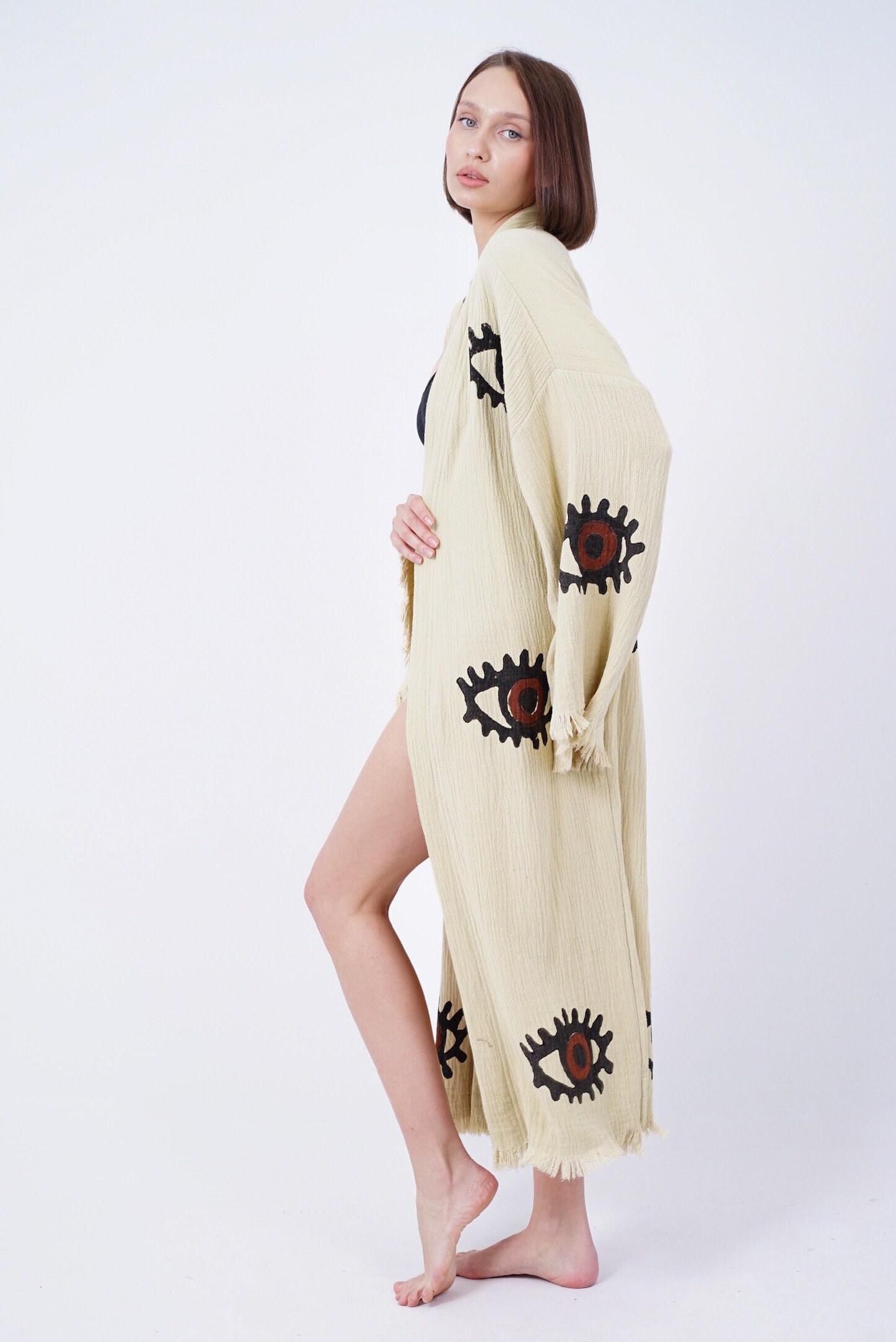 Handmade Beige Evil Eye Kimono Robe – Cotton Boho Wear