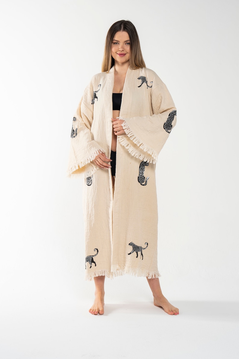 White Boho Evil Eye Kimono – Lightweight Cotton Summer Robe