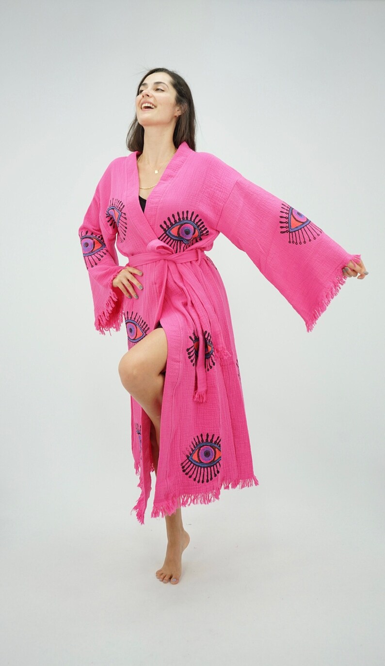 Handgemaakte Evil Eye Boho Festival Kimono Roze, Boho Beachwear, Beachwear Cover Up, Etnische Kimono, Vest, Badjas, Ochtendjas, Spa Robe Set: Robe+Towel