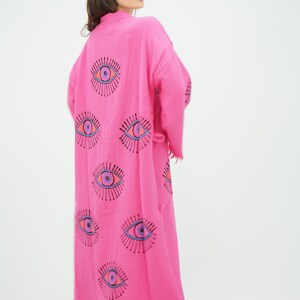 Handgemaakte Evil Eye Boho Festival Kimono Roze, Boho Beachwear, Beachwear Cover Up, Etnische Kimono, Vest, Badjas, Ochtendjas, Spa Robe afbeelding 8