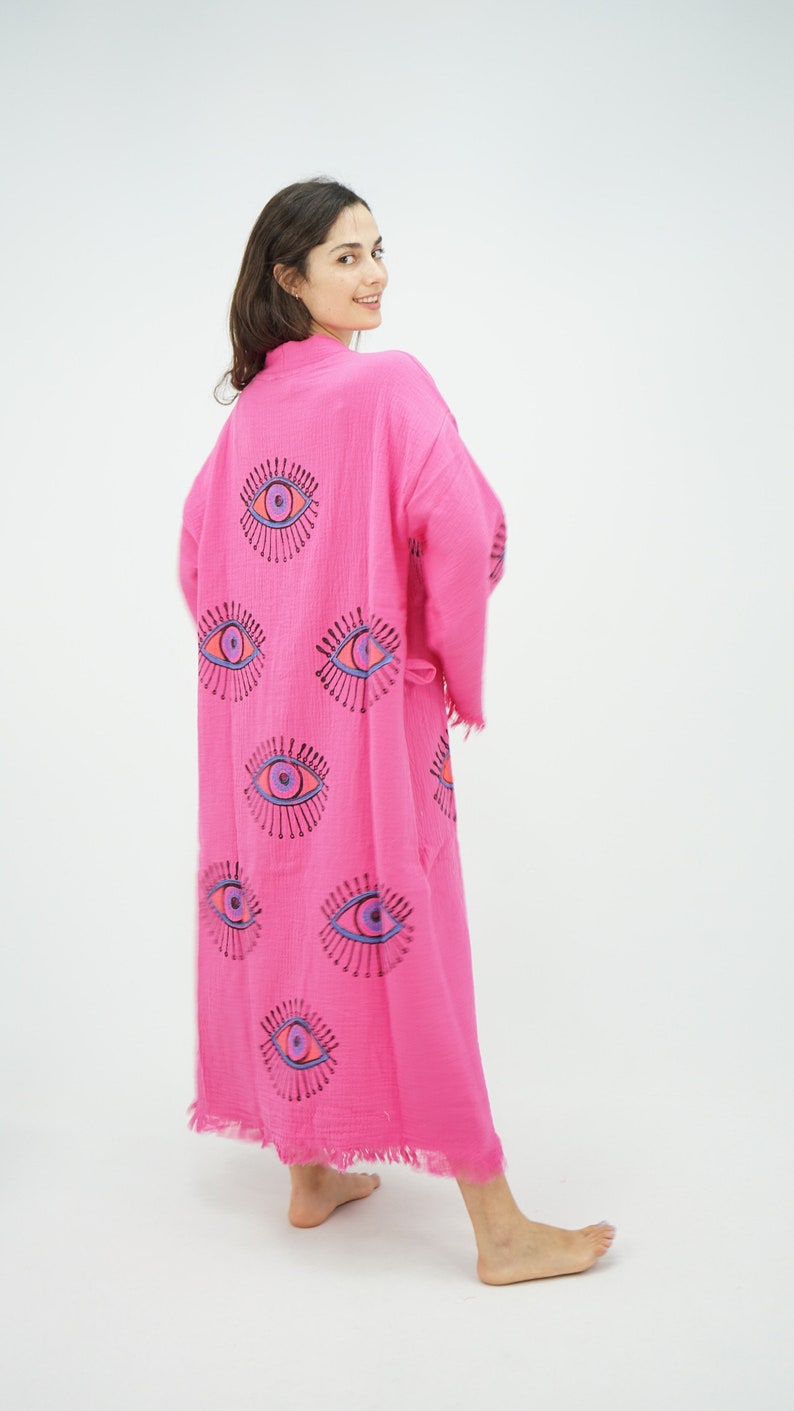 Handgemaakte Evil Eye Boho Festival Kimono Roze, Boho Beachwear, Beachwear Cover Up, Etnische Kimono, Vest, Badjas, Ochtendjas, Spa Robe afbeelding 8