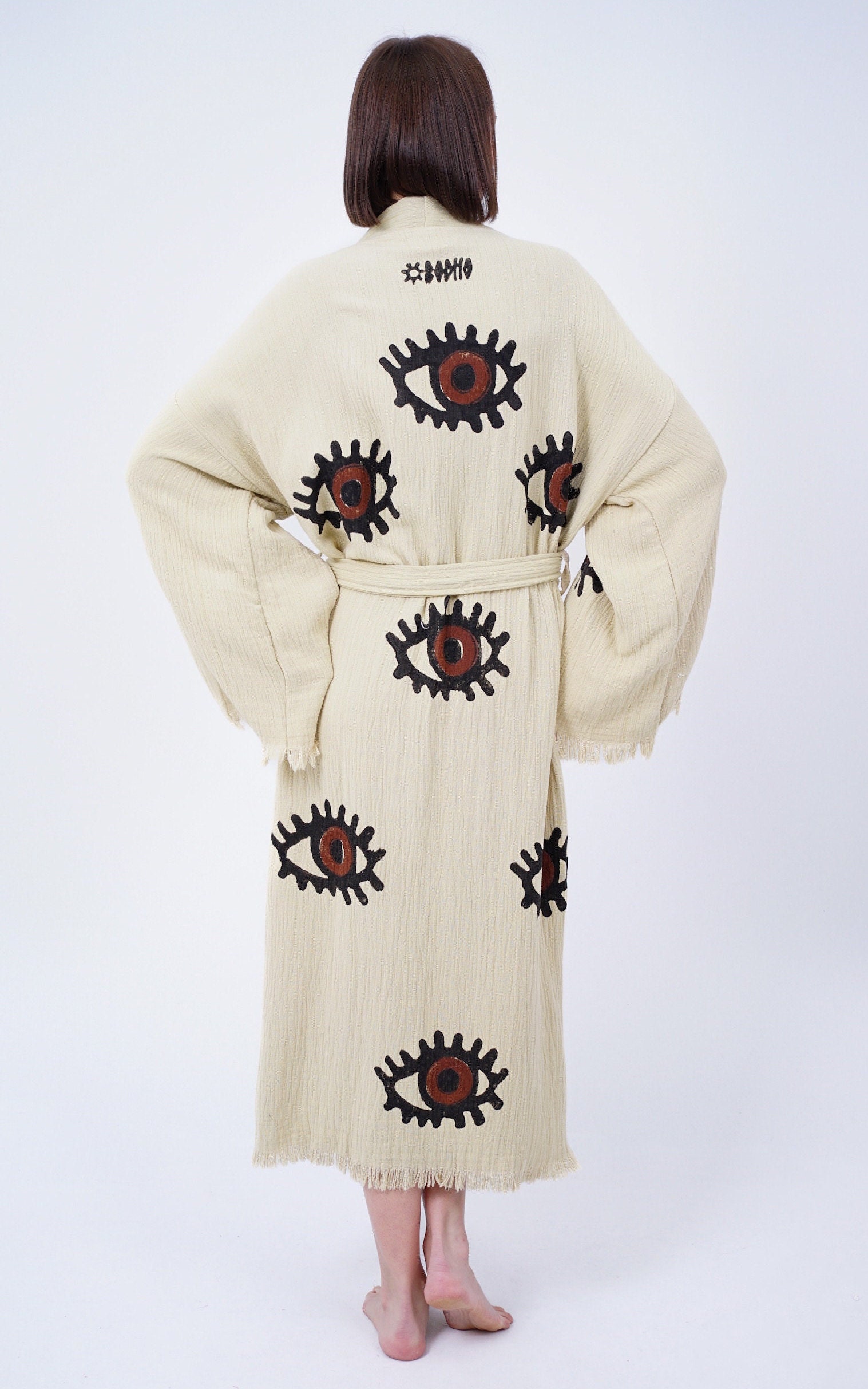 Beige Evil Eye Kimono Robe – Organic Cotton Boho Style