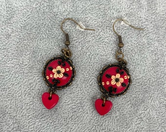 Vintage style red clay dangle earrings, Embroidered polymer clay earrings, Red clay dangles with hearts, Circle floral clay earrings